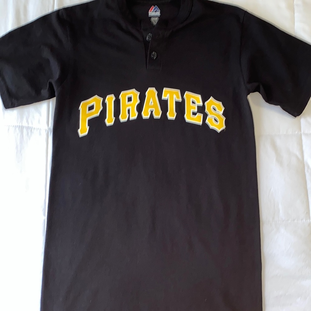 Majestic Black Short Sleeve "Pirates" Henley Tee with Yellow Lettering